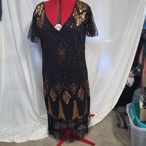 Elegant Black and Gold Sequin Midi Dress